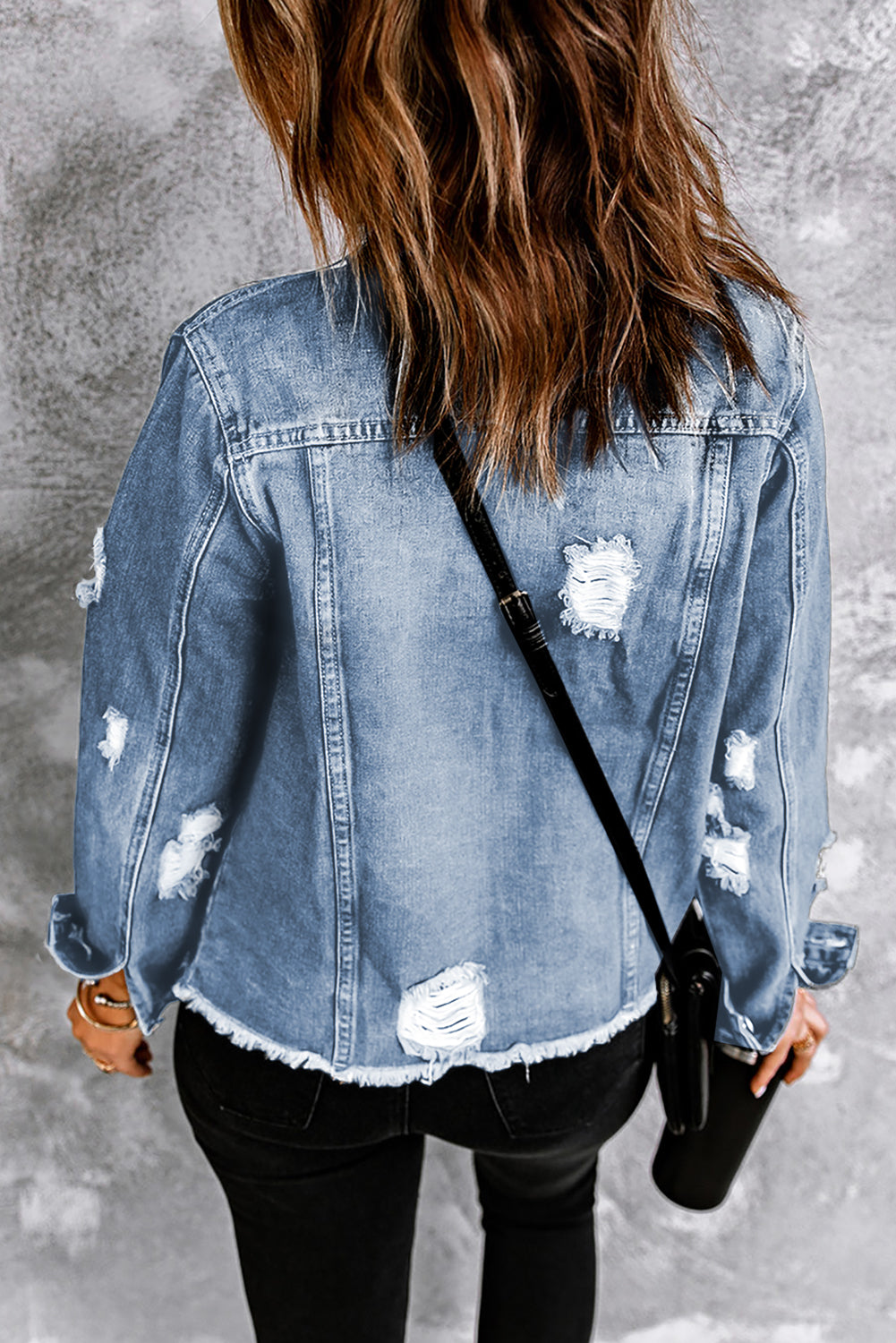 Fashion Sky Blue Lapel Distressed Raw Hem Buttons Denim Jacket