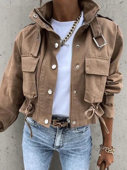 Women's Jackets Drawstring Pocket Zipper Buckle Cropped Jacket - Coats & Jackets - INS | Online Fashion Free Shipping Clothing, Dresses, Tops, Shoes - 29/09/2021 - 40-50 - Coats & Jackets