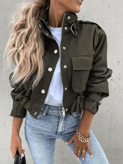 Women's Jackets Drawstring Pocket Zipper Buckle Cropped Jacket - Coats & Jackets - INS | Online Fashion Free Shipping Clothing, Dresses, Tops, Shoes - 29/09/2021 - 40-50 - Coats & Jackets